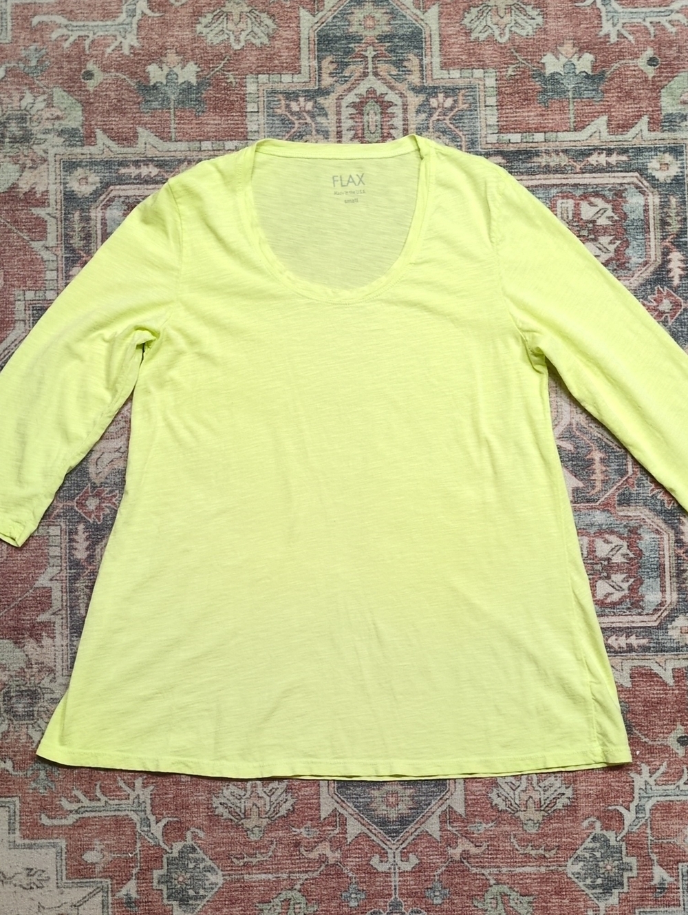 Flax Neon Yellow Scoop Neck 3/4 Sleeve Tee